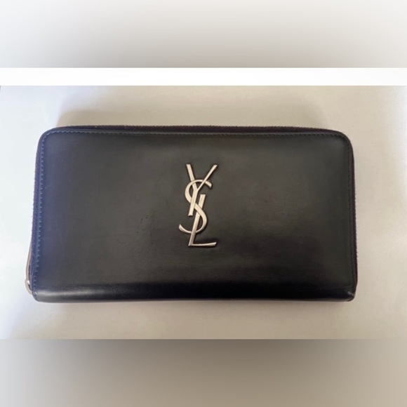 YSL SAINT LAUREN ❤️❤️ ZIP AROUND LONG WALLET BLACK WITH METAL HARDWARE YSL LOGO - Picture 14 of 15